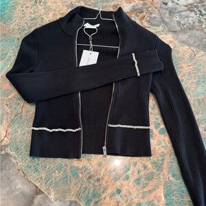 Lovers + Friends Black Ribbed Zip-Up Sweater